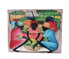 Small Haitian Working Women Oil Painting On Canvas Signed Thony