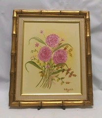 H Broskie Original Oil On Canvas 1989 Floral Painting Bamboo Frame