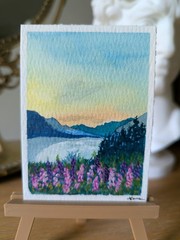 ACEO ATC „Sunset Woss lake“ original painted watercolor art sealed 300g cotton.