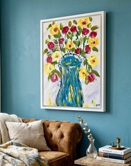 Original OOAK Abstract Floral Still Life Blue Vase Painting Signed Canvas
