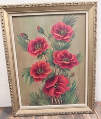 Vintage Oil Painting, Poppy, Daisy, Framed