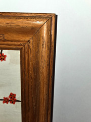 Vintage Still Life Blue Vase w/Red Blossoms Signed Oak Frame 17″ x 13″