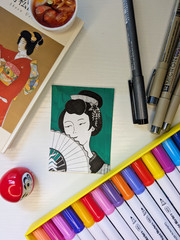 ACEO Original Art Card Ink Painting Japanese Geisha Portrait by Tsarina Sofia