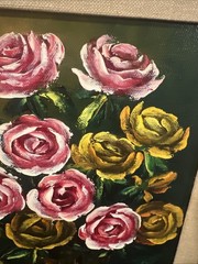 Oil painting bouquet of pink and yellow roses vase Signed