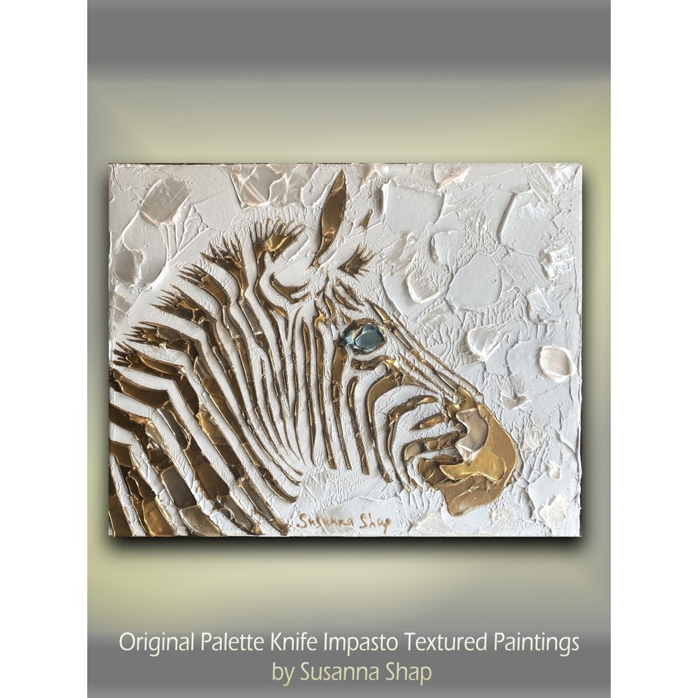 Zebra, ORIGINAL Animal Art Abstract White & Gold Handmade Canvas wall art Decor