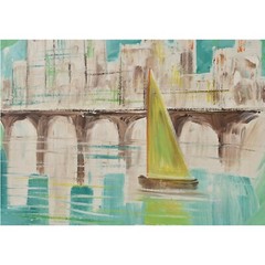 LeMark Mid-Century Modern Aqua Blue White and Green Nautical Harbor Painting