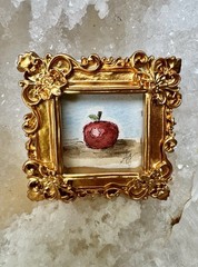 mini original watercolor painting gold frame red apple snow white, miniature art