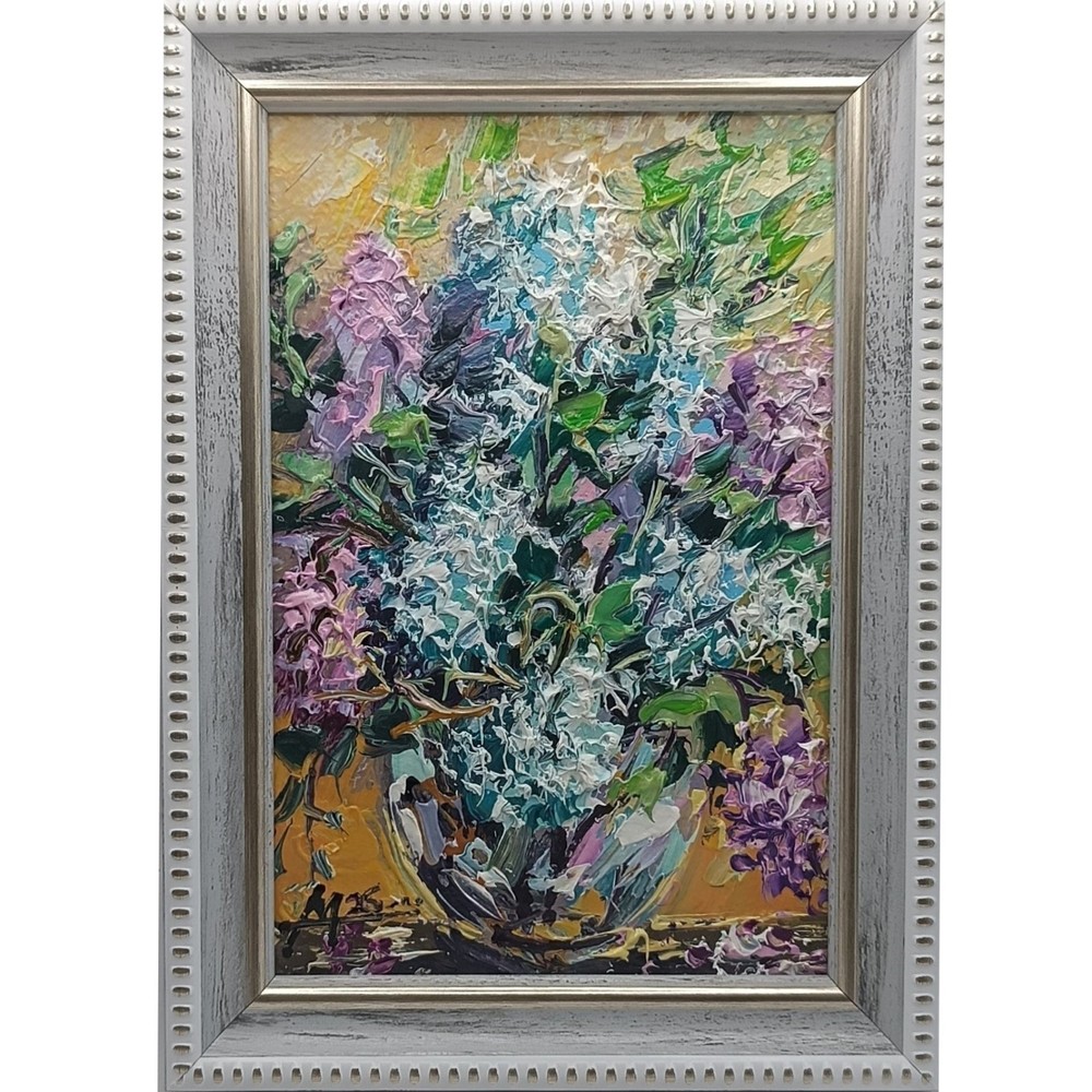 Original Oil Painting Lilac Still Life Floral Impasto Framed Bouquet Art 6*4