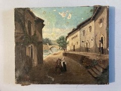 Painting Oil on Canvas Village Xixth 1850 Mountain Antique Painting Romantic