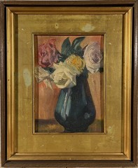 1919 Japanese Antique Floral Still Life Oil Painting By Itaru Tanabe Prewar Art