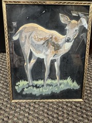 Vintage Mid-Century Modern Hand-Painted Silk Deer Painting 1950s MCM Gold Frame