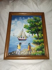 Haitain Seaside Village Oil Paintings Fishing Sailboat Sunny Day 11 1/4″ x 9 1/8