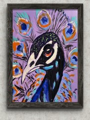 Peacock Portrait Painting Original Colorful Bird Expressionist Artwork