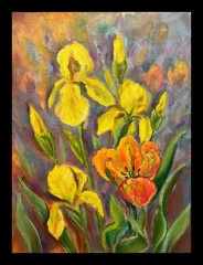 Irises Original Oil Painting Yellow Flowers Wall Art 12×16 Floral Wall Decor