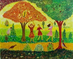 H. Renner Folk Art Oil Painting Women Dancing