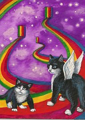 5×7 PRINT OF PAINTING TUXEDO CAT RYTA KITTEN RAINBOW BRIDGE WHIMSICAL ANGEL ART