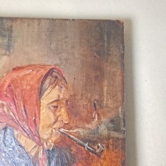 A. Bryan Wall Oil Painting Portrait Old Woman Smoking Pipe Wood Panel Pittsburgh