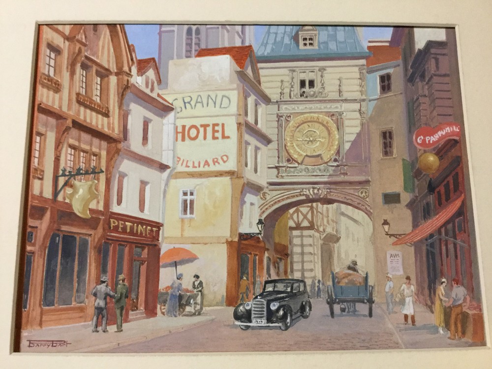 Vintage Original Art: town w ads, cars; BARRY BART w matting