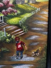 1966 Oil on Canvas Painting „After The Rain“ Signed Framed 18x 15 Boy Dog Moody