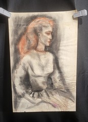 Vtg Original Artwork Drawing Of Woman With Red Hair Charcoal Drawing 18″ x 12″