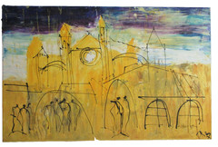 Mallorca Expressive City Scene 60x90cm Acrylic/LW Spain with Purple Teracotta