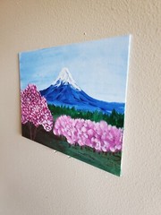 Handmade Painting Acrylic Art Panel 9x12x1/16in Decor Japan Mount Fuji Flowers