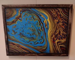 Beautiful Pour Painting On Canvas Framed In A Floating Wood Frame. 18″ By 14″.