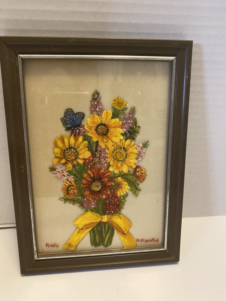 Vintage Framed Reverse Hand Painted Flowers on Glass Art with Butterfly