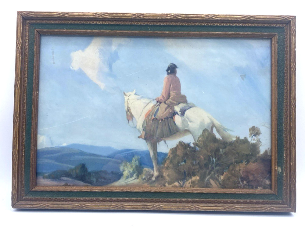 1930-40’s Native American on a Horse Print Looking Away, Nice Framed with Glass