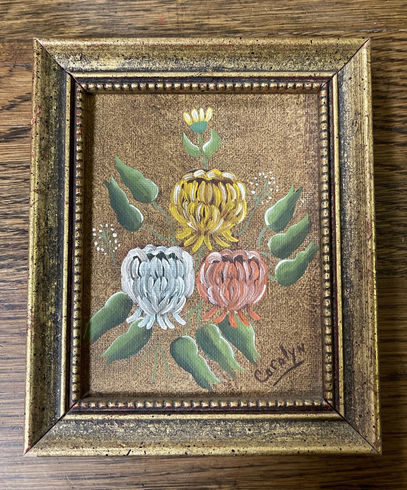 Small Flower Painting Framed Signed Acrylic ? Thistles 4.75X6” Folk art
