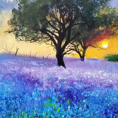 YARY DLUHOS Wildflower Bluebonnet Landscape Sunrise Original Art Oil Painting