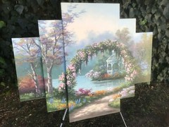 SUNG KIM Original HUGE LANDSCAPE 50″ x 40″ Floral Triptych 3 Panel Oil on Canvas