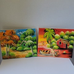 Pair Caribbean Folk Art Tropical Landscape Paintings Set Stretched Canvas