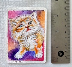 Original aceo painting of a Calico kitten. Watercolor, Ink. 2.5 in x 3.5 in