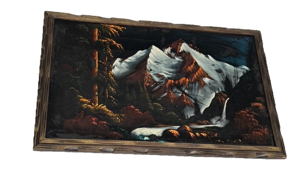 Vtg Landscape Painting on Black Velvet Stunning Mountain Scenic Waterfall 39X27