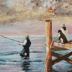 YARY DLUHOS Fishing Angler Lake Fisherman Summer Sunset Original Oil Painting
