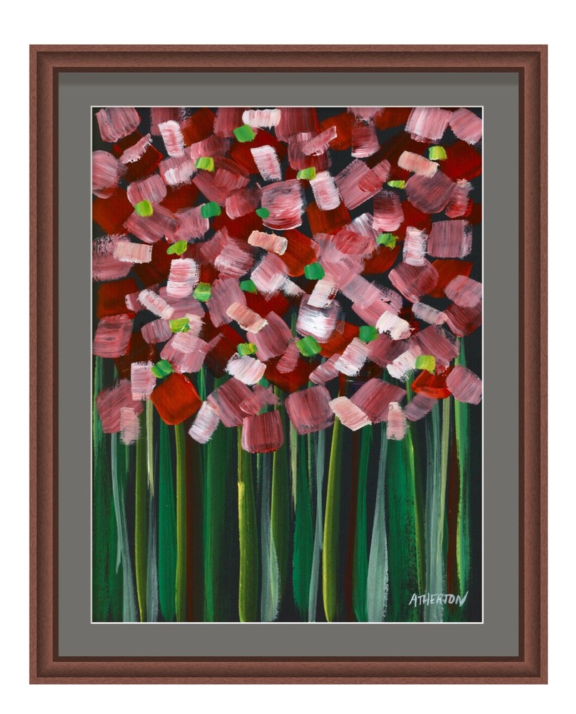 Atherton 9×12 Original Floral Abstract Painting „Stick Flowers 2 Red“ signed