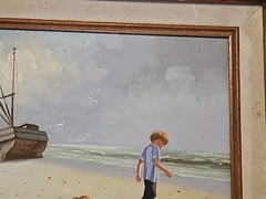 Original C. Manuel Oil Painting Children Beach Shipwreck Framed 17″×15″