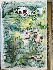 Vintage MCM Pen Ink Watercolor Landscape Painting Signed Collin’s Rollin’s 8×10