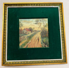 Vintage Oil Painting Rural Landscape Scene Country Path Matted & Framed 11″x11″