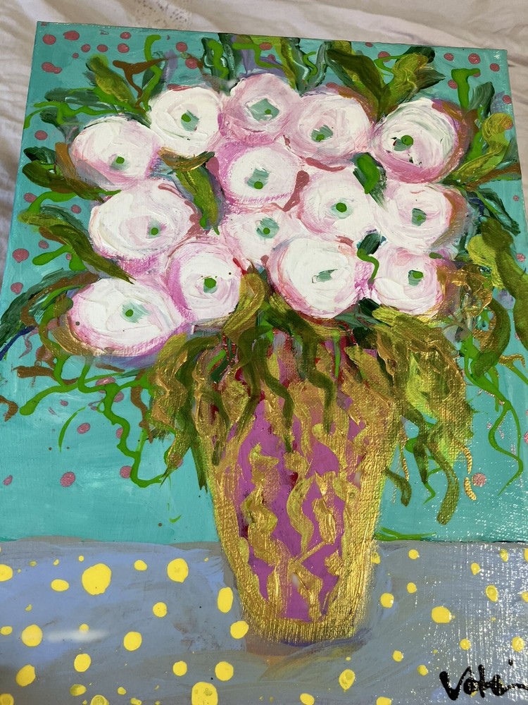 Pink Spring Peonies In Magenta Vase an Acrylic Original Painting 14”x11”Canvas