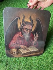 Antique PAINTING Oil skull devil Gothic MEMENTO MORI VICTORIAN vanitas art old