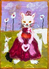 ACEO Original Art. Cat Art. Miniature Art. Whimsical Art.