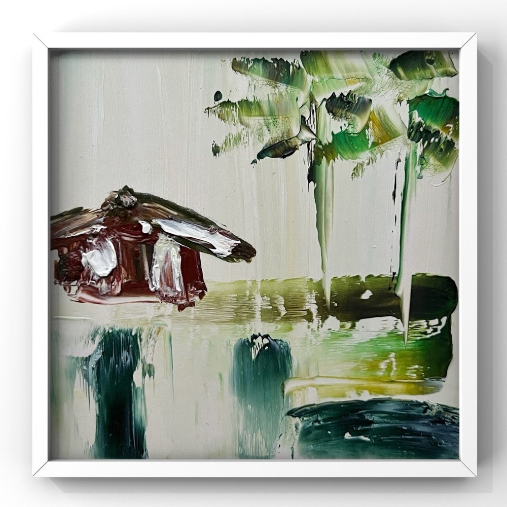 Island Palm Cottage Abstract Original Oil Painting Maui Hawaii Coastal Artwork