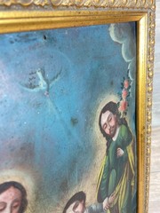Antique Mexican Retablo Holy Family Jesus Mary Joseph c1850 Oil on Tin Folk Art