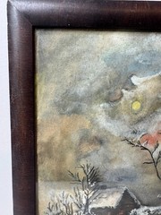 Antique „Figure And Home Landscape In Winter“ Watercolor Painting – Framed