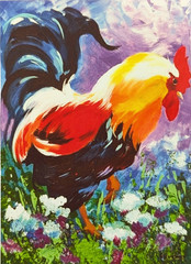 Print ACEO, Rooster – Dramatic Coloring, Bonus Tree Print