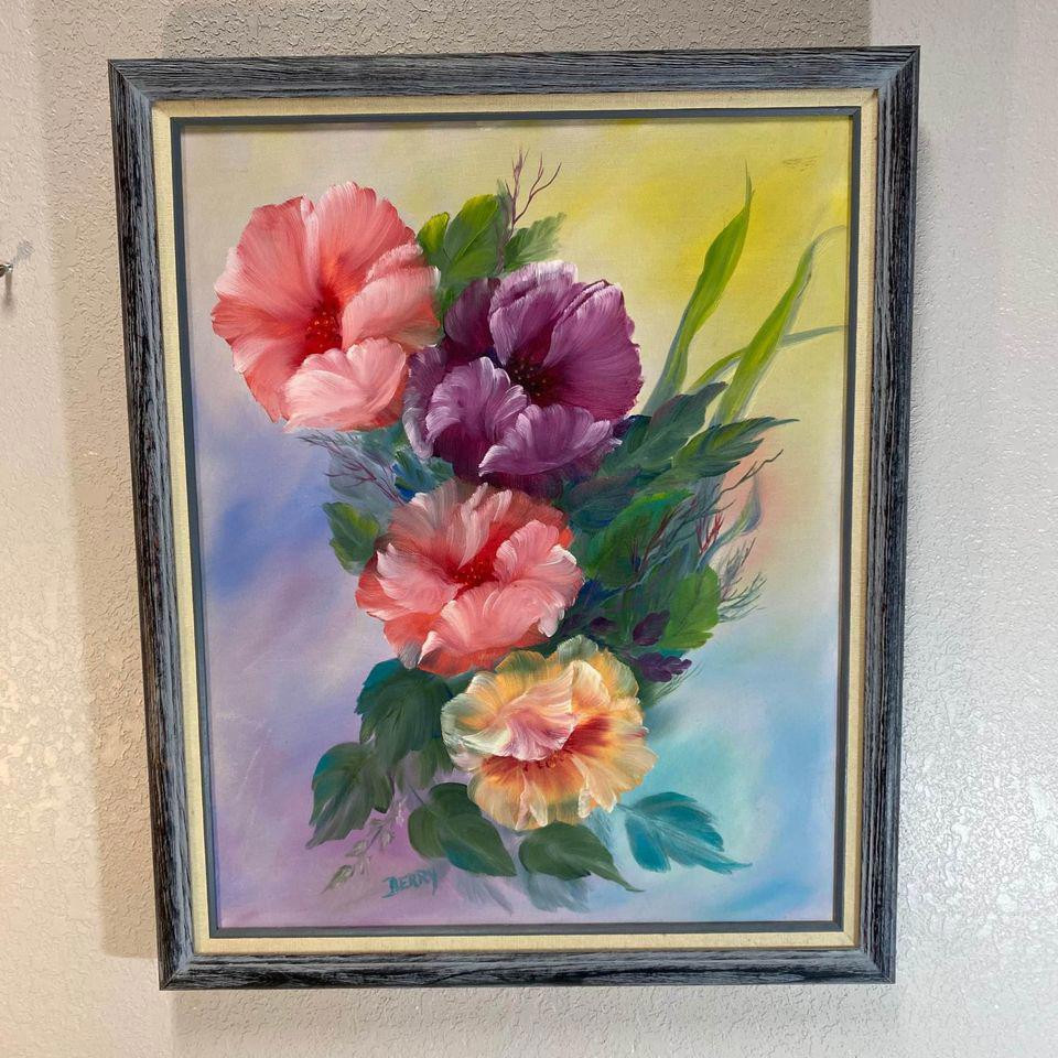 Vtg Original Painting Signed by Artist Rose of Sharon Bouquet Pink Purple Framed