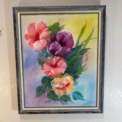 Vtg Original Painting Signed by Artist Rose of Sharon Bouquet Pink Purple Framed