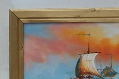 J.Harvey Large Oil painting on canvas, SHIPS BATTLE AT SEA, Signed, Framed